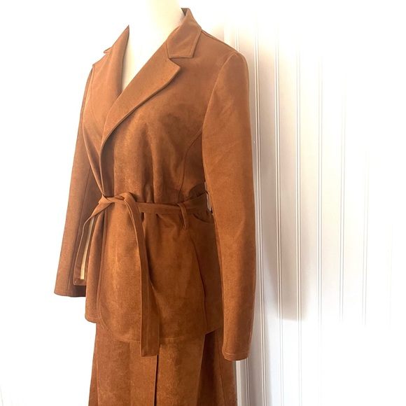 Vintage 70s Faux Suede Suit Matching Blazer and Midi Wrap Skirt Large Caramel - Picture 4 of 16
